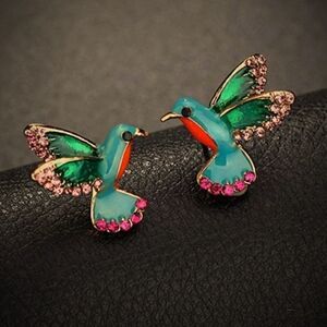 Scenic Route Handmade 18k Hummingbird Enamel Stud Crystal Earrings